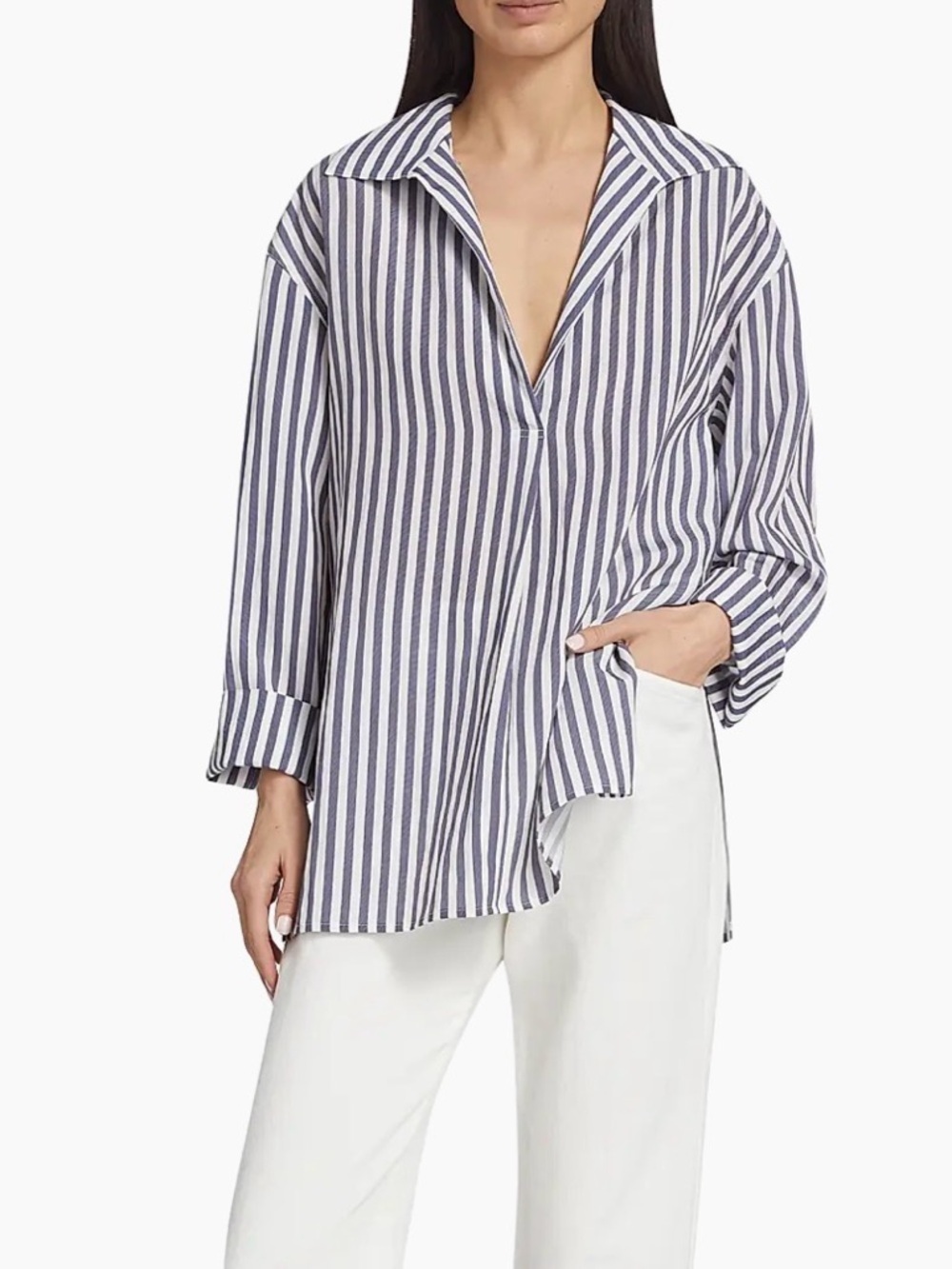 Vince Coast Stripe Oversized Shirt Blue White Coastal Optic Collar - Size Medium